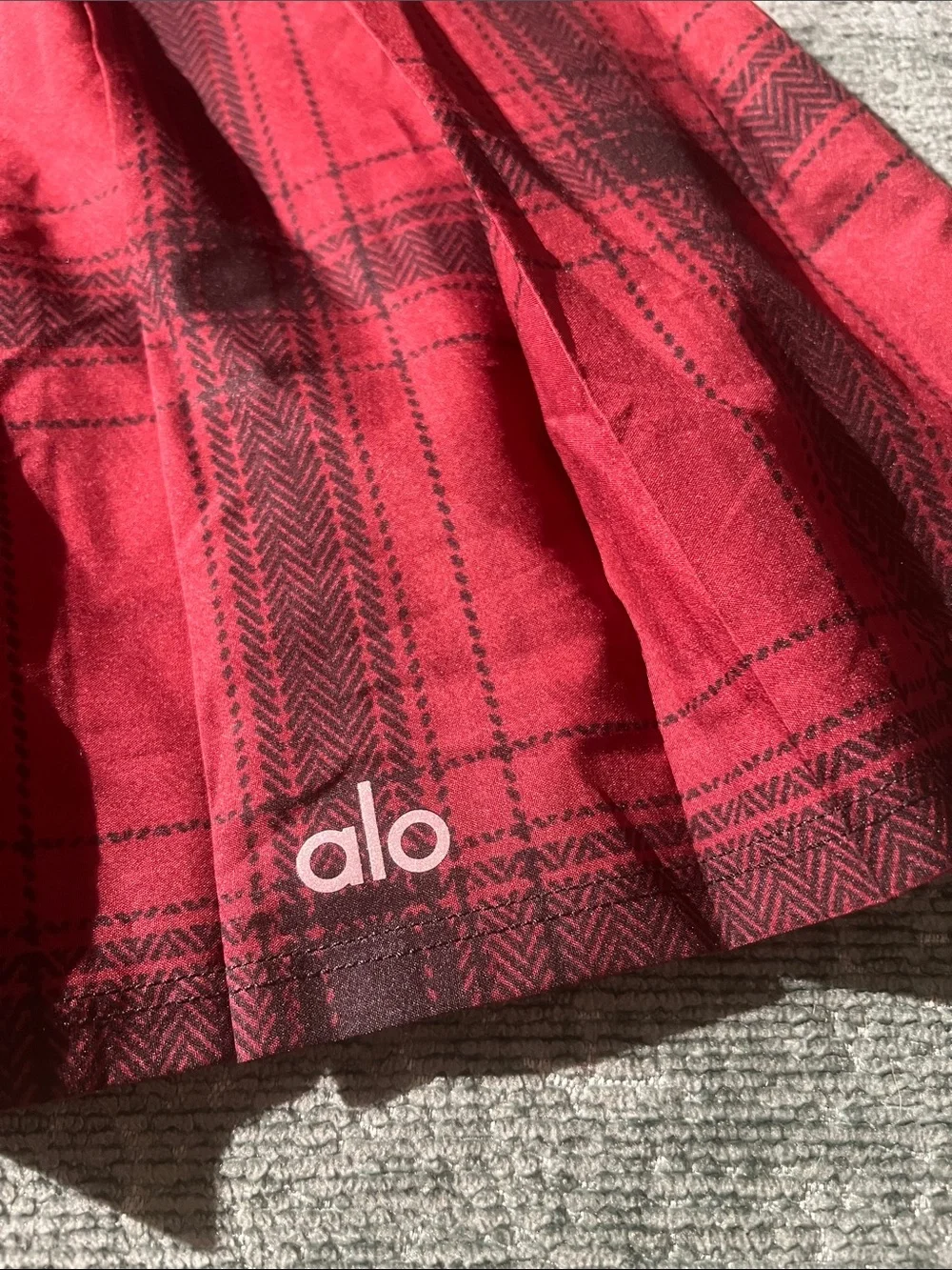 ALO Yoga Red Plaid Circle Skater Skirt with Black Waistband